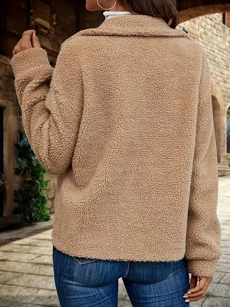 Women's Plush Long Sleeve Warm Turnover Collar Solid Color Coat