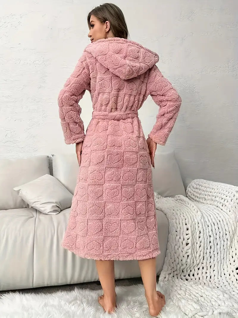 Winter Plush Fleece-Lined Hooded Robe with Heart Pattern