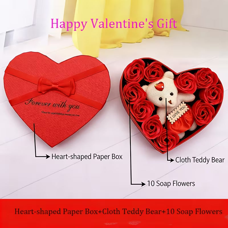 Luxurious Rose Bear Gift Box with 10 Roses & Heart-Shaped Box