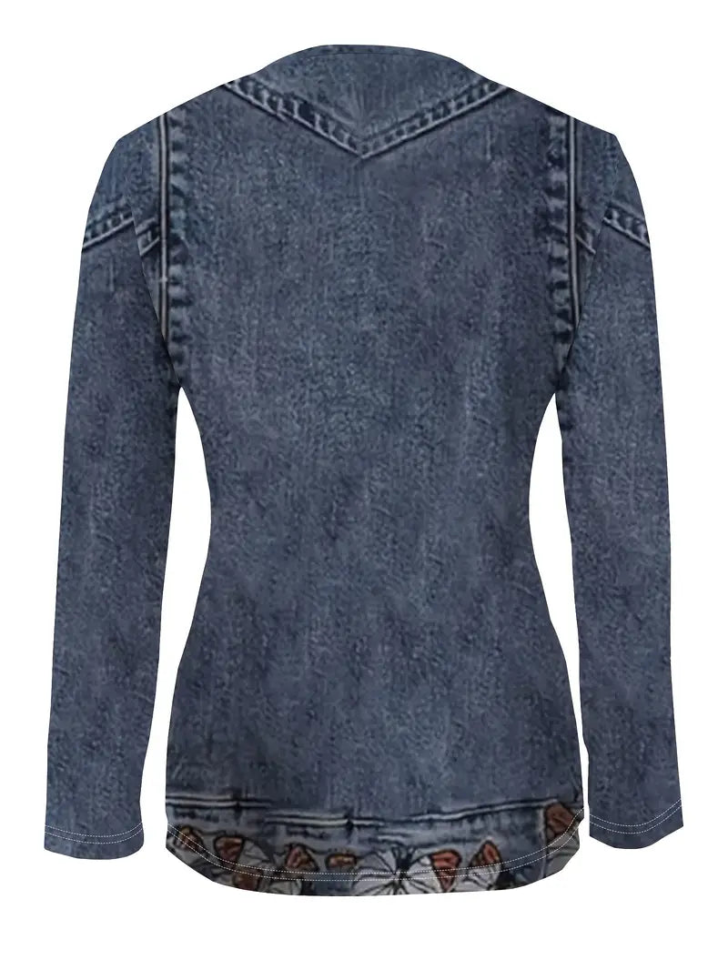 Women'S Imitation Faux Denim Patchwork Zip-Up Top