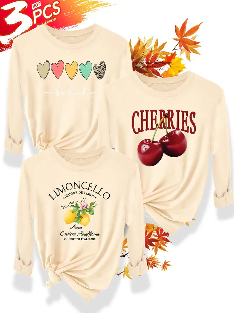 3pcs Women'S Cherry & Limoncello Graphic T-Shirts