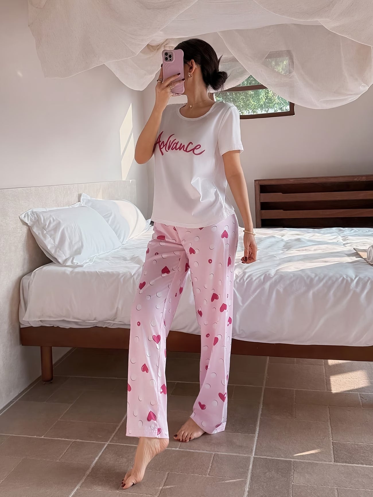 Heart Print Pyjama Set with Lettered Top