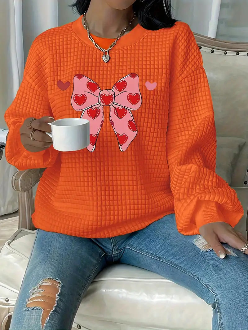 Plus Size Women'S Casual Waffle-Print Sweatshirt with Pink Bow & Hearts Design