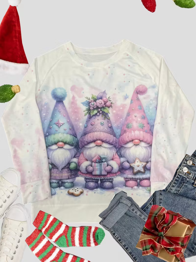 Women's Christmas Gnome & Snowflake Print Sweatshirt