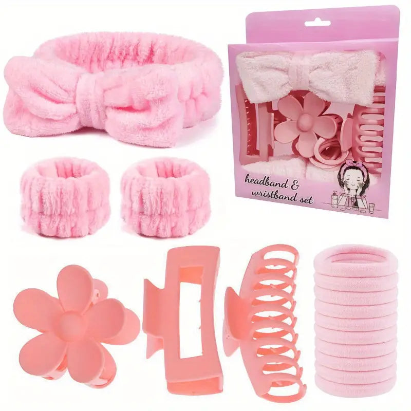 16pcs Women's Soft Pink Hair Tie & Face Washing Wrist Strap Set