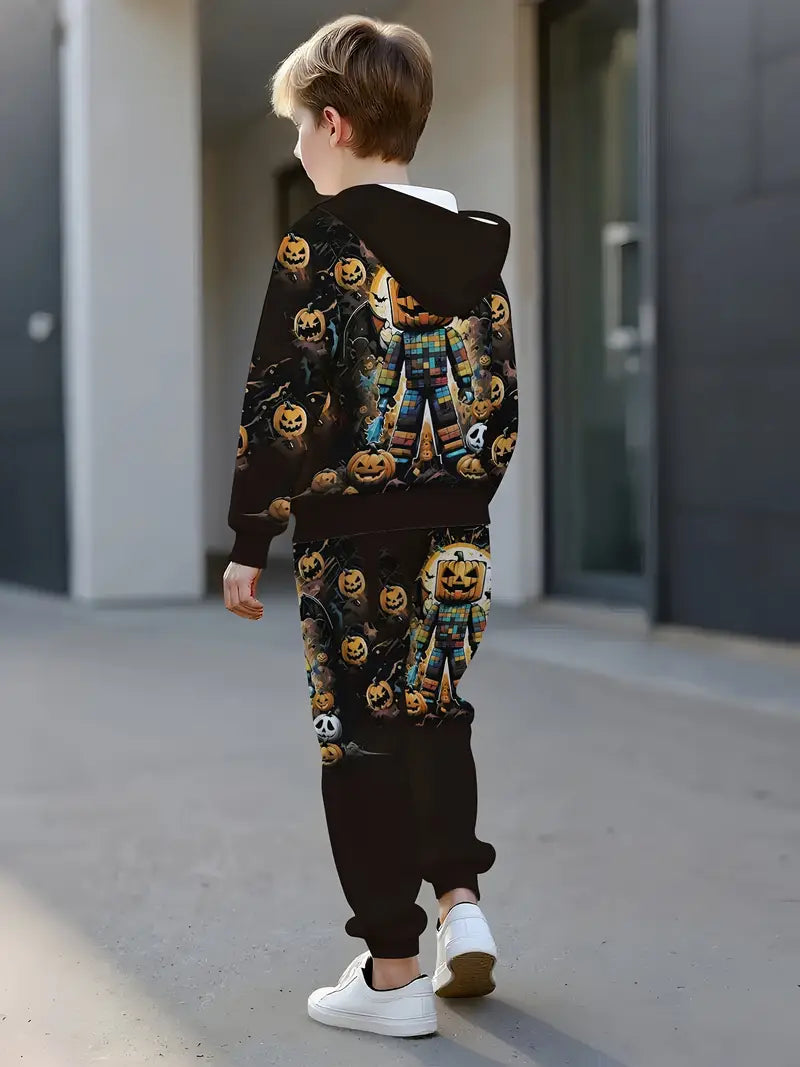 Boys' 3D Halloween Scary Pumpkin Hooded Tracksuit