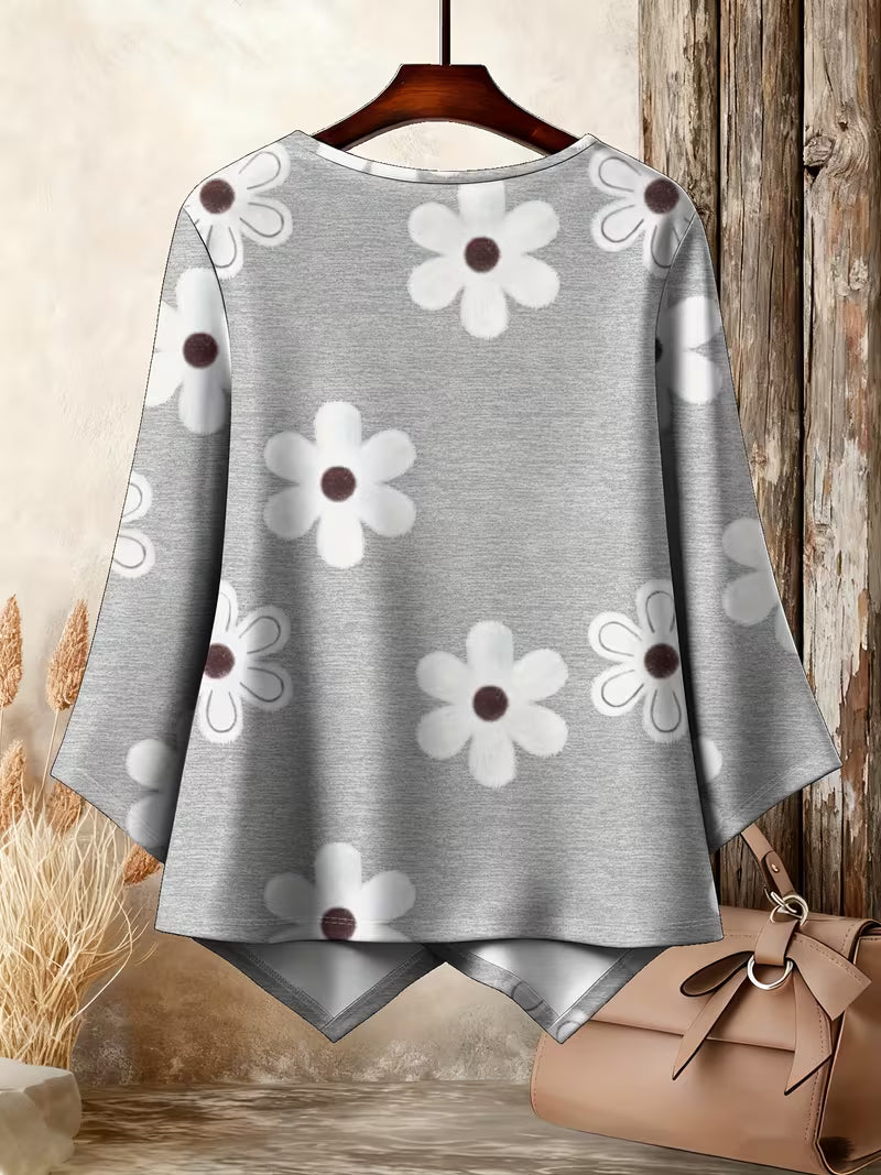 Plus Size Round Neck Simple White Floral Print