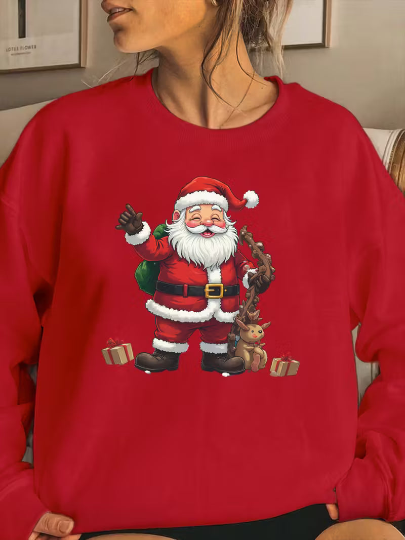Women'S Cozy Red Christmas Santa Graphic Sweatshirt