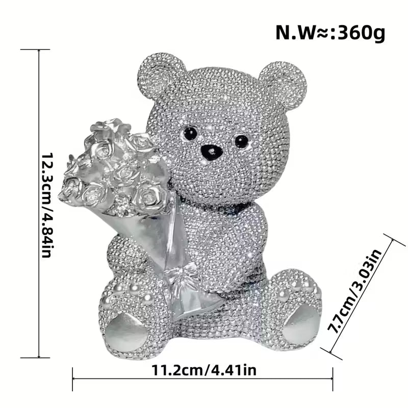 Elegant Silver Beaded Teddy Bear with Rose Bouquet