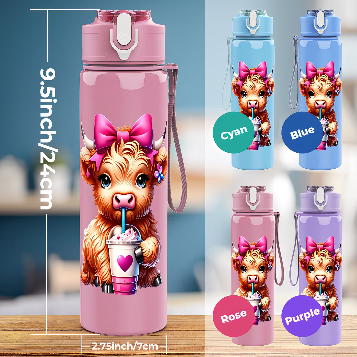 A Cute Highland Cow Themed Plastic Water Cup, Large Capacity, Leak-Proof,