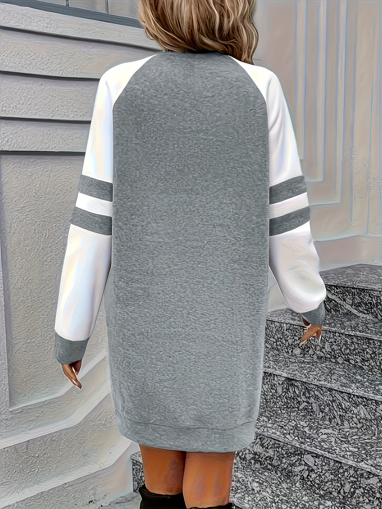 Color-Block Dress for Women, Graceful Long-Sleeve Dress