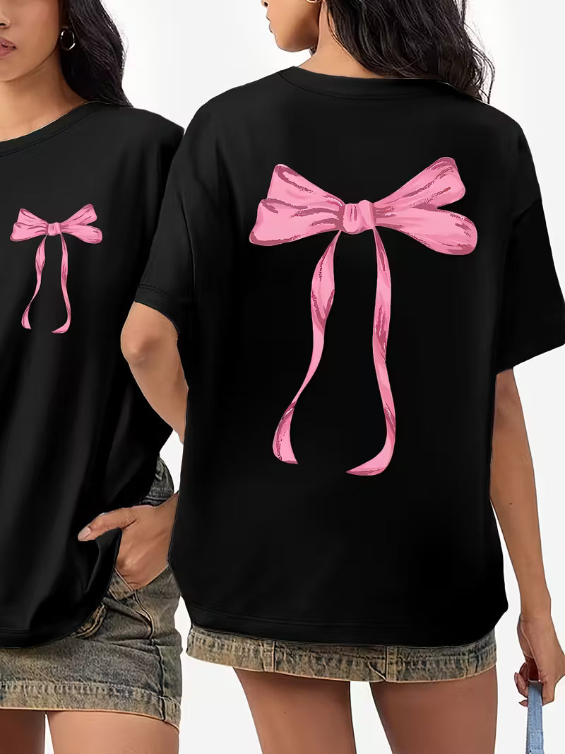 Women'S Black T-Shirt with Front & Back Pink Bow Graphic -