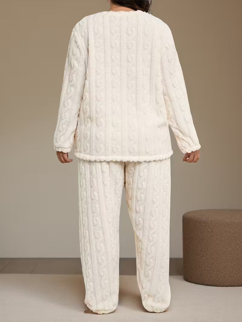 Plus-Size Cozy Heart-Patterned Pullover Fleece Winter Loungewear Set