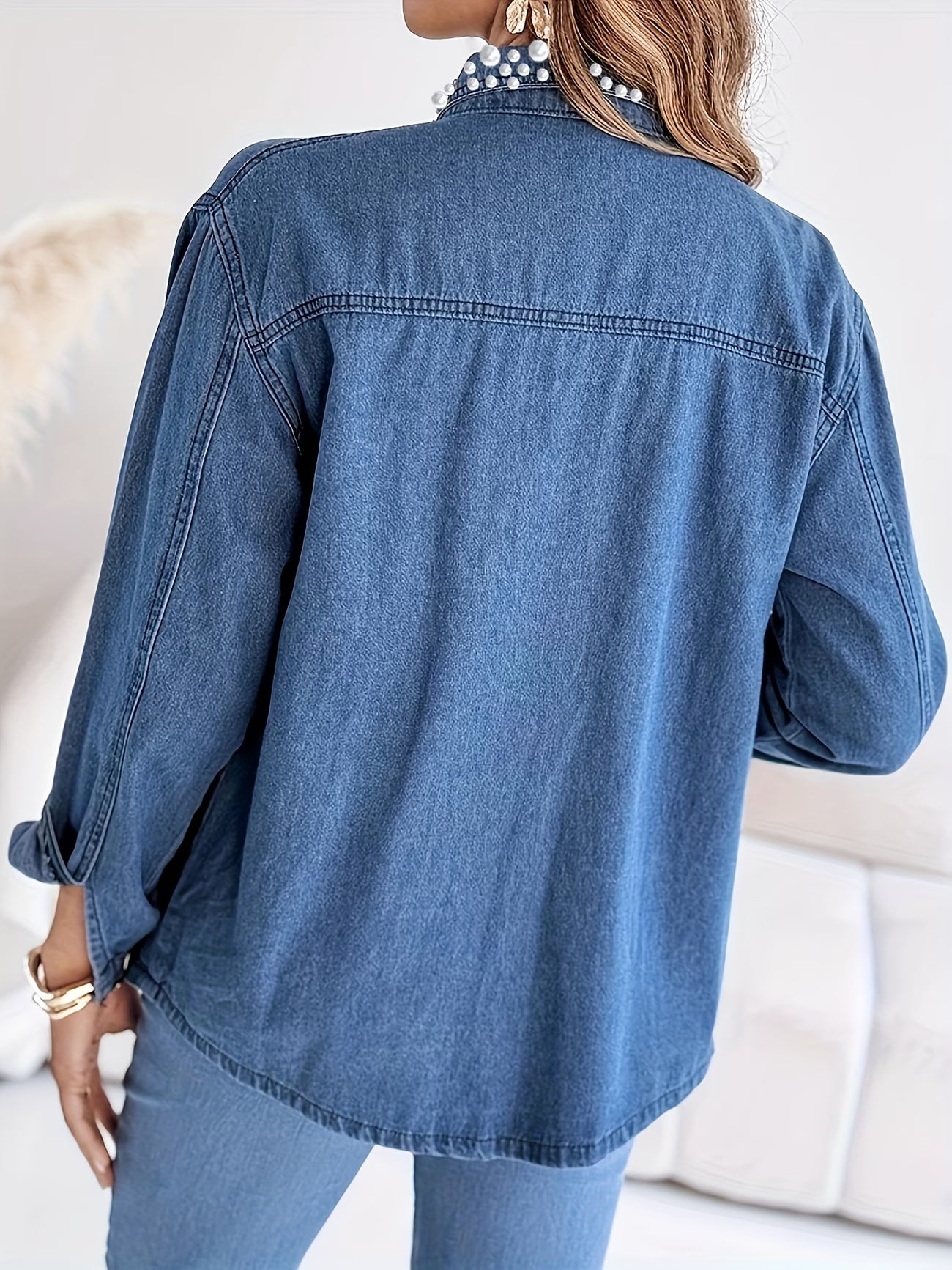 Pearl & Rhinestone Embellished Loose Denim Shirt