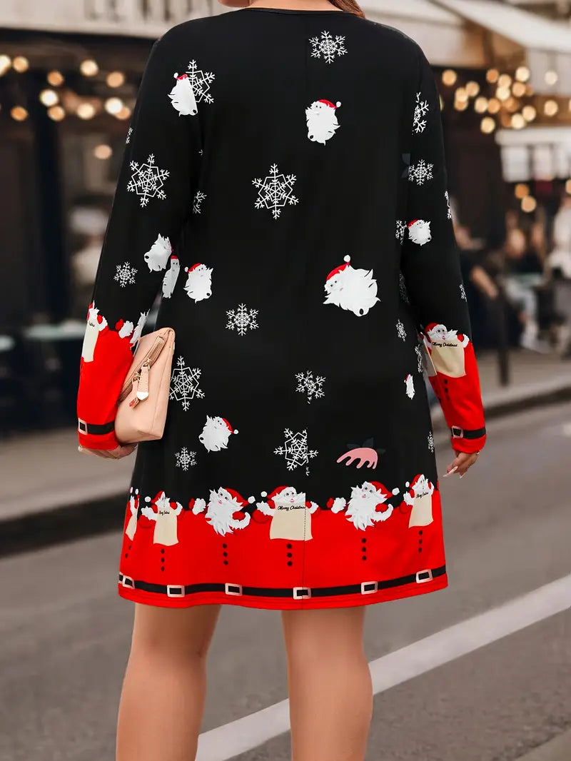 Women's Plus Size Christmas Party Dress with Santa & Snowflake Print