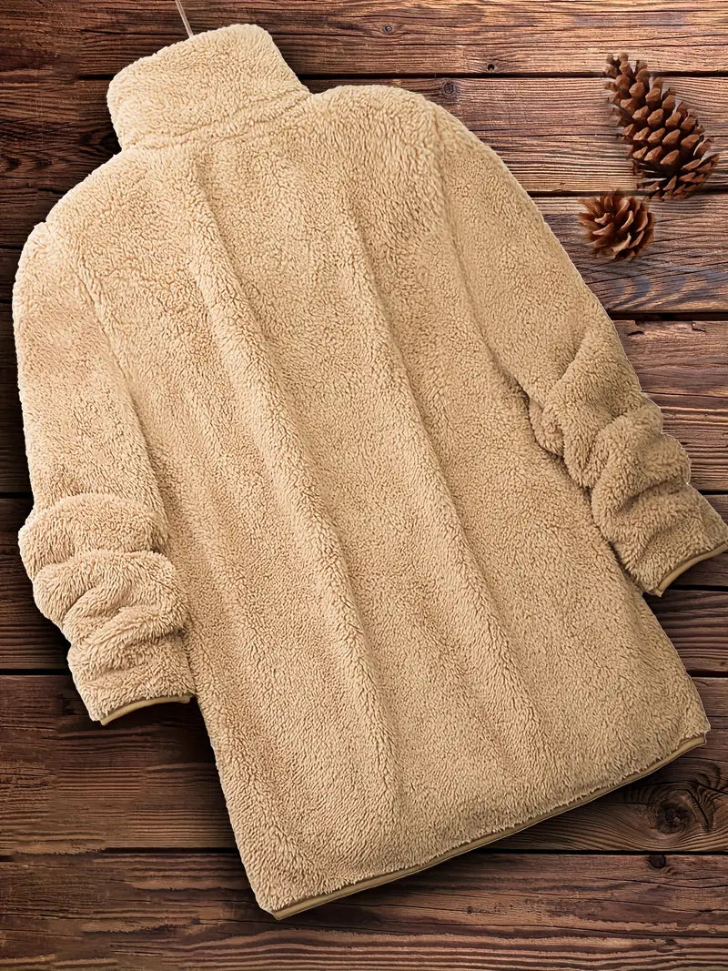 Long Sleeve Solid Zip Up Teddy Coat,