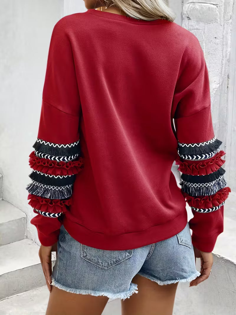 Women's French Round Neck Fringe Decor Casual Sweatshirt