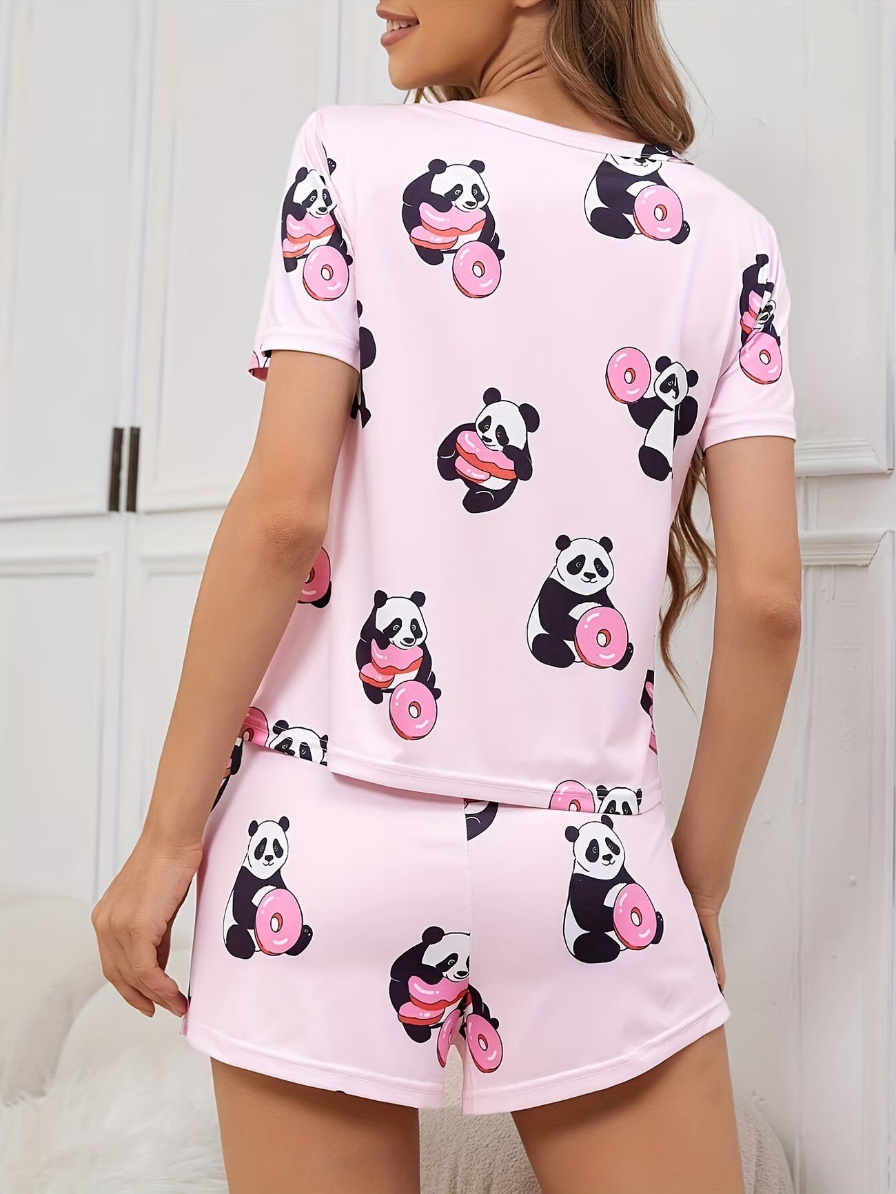 Cartoon Panda and Donut Print Short Pajama Set