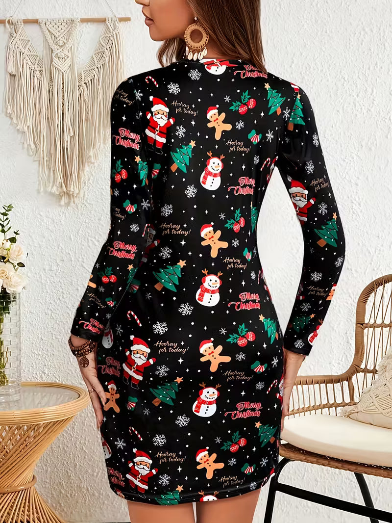Festive Christmas Reindeer Print Bodycon Dress