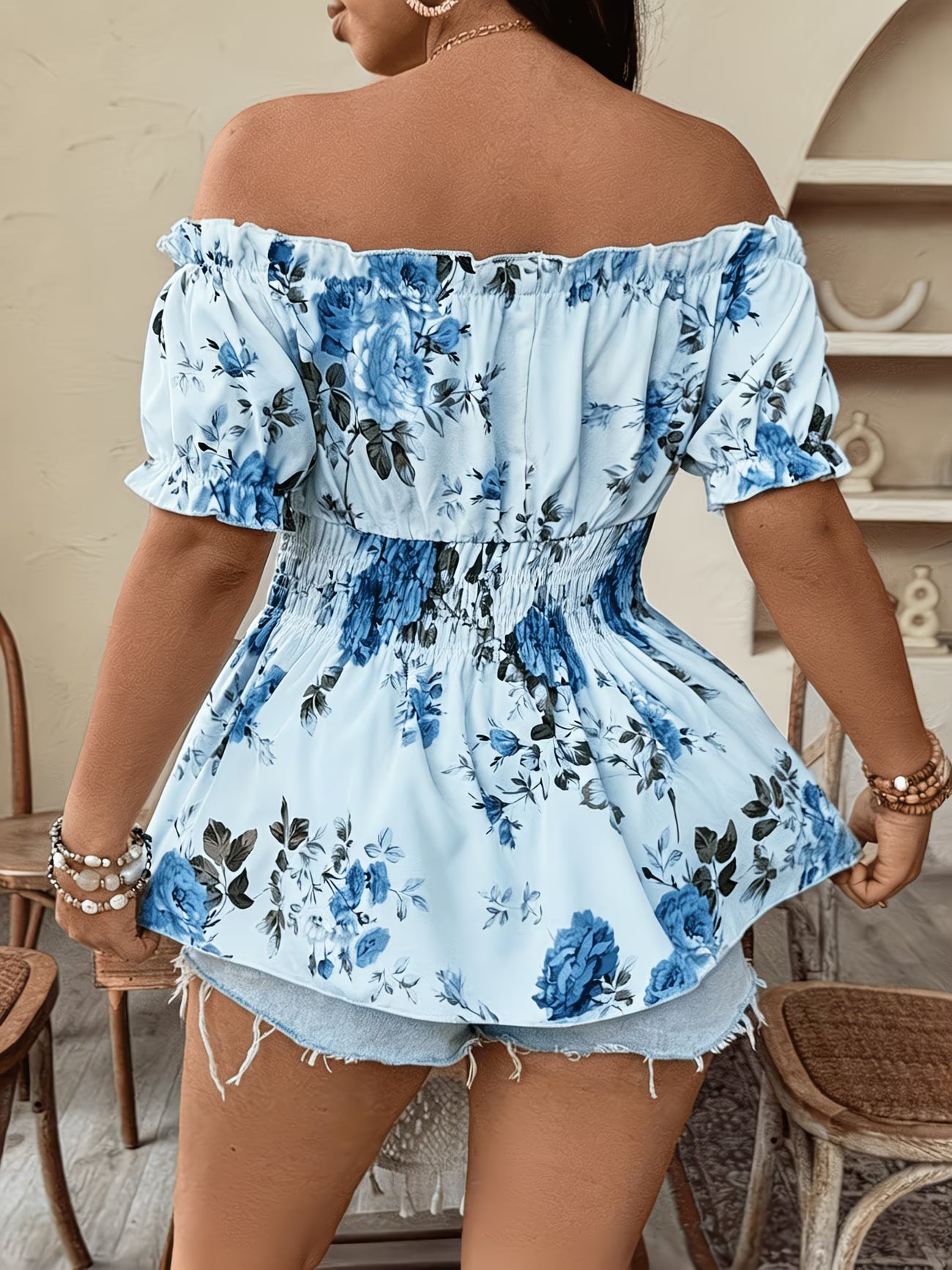 Plus Size Off-Shoulder Waist-Cinching Women'S Blouse