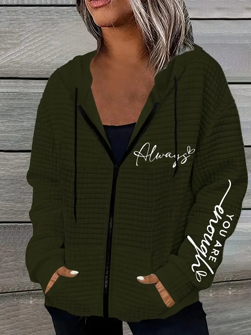 Letter Print Zipper Dual Pockets Hoodie,