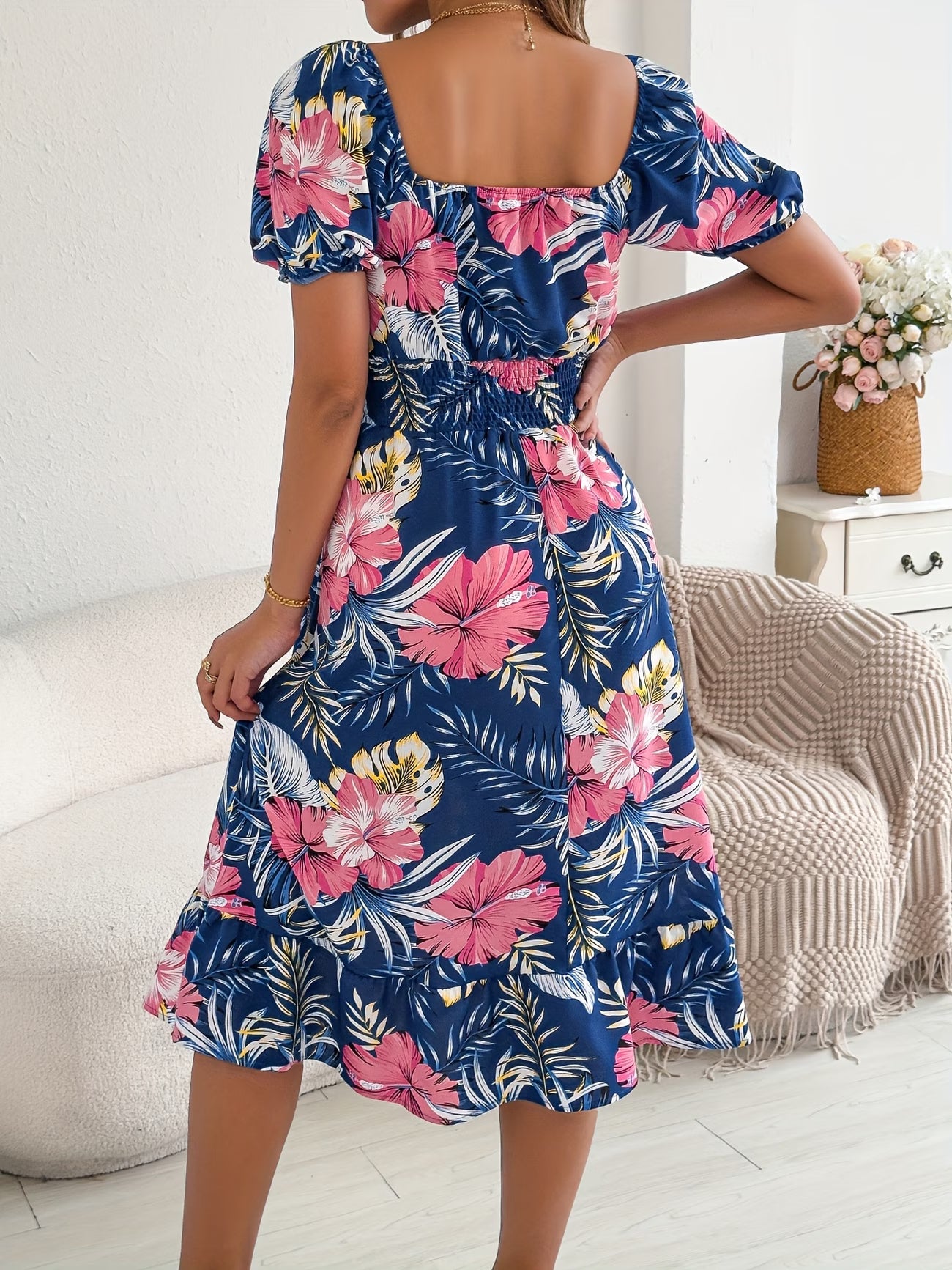 Floral Short-Sleeve Square-Neck Waist-Tied Dress