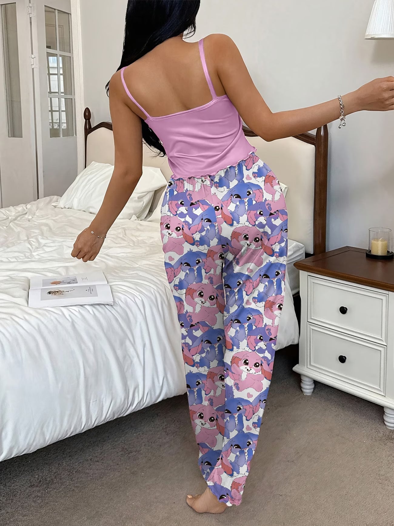 Women's Cami Pants Loungewear, Cute Cartoon Print Casual Pajamas 2pcs Set