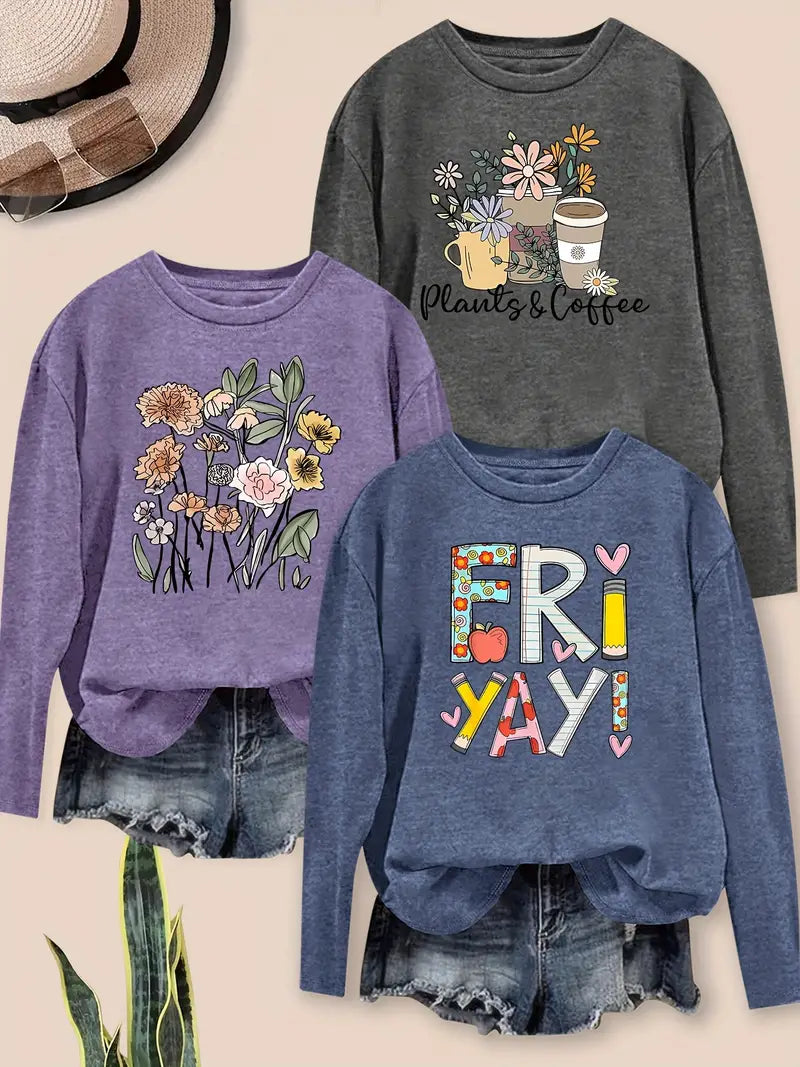 3pcs Women'S Vintage Floral & Heart Print Long Sleeve T-Shirts
