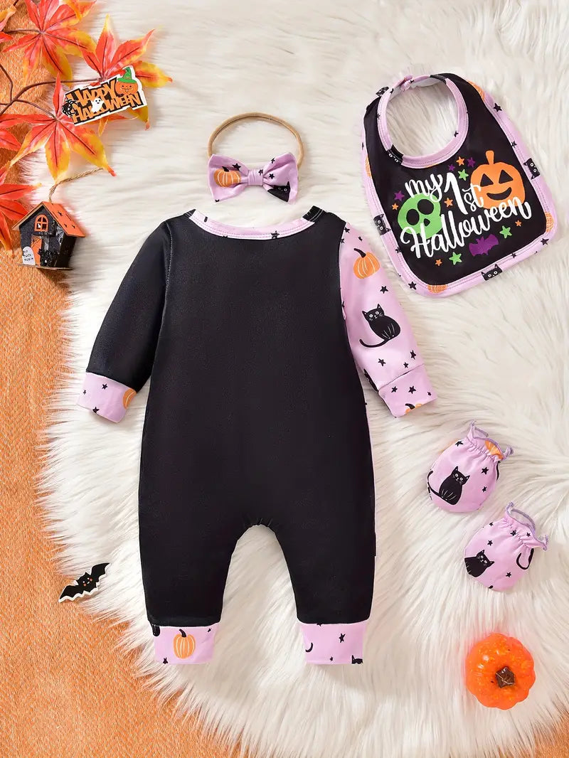 My first Halloween, adorable onesie with pumpkin cat print