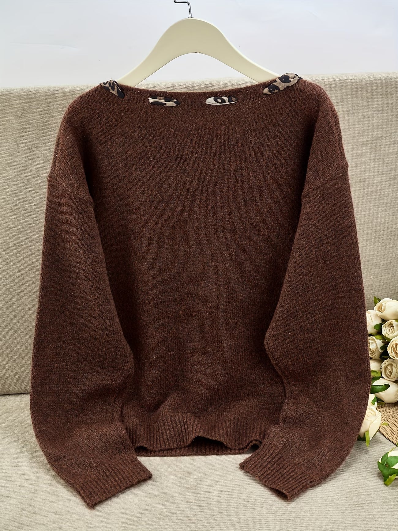 Designer Leopard Print Scarf Bow Round Neck Loose Long Sleeve Sweater