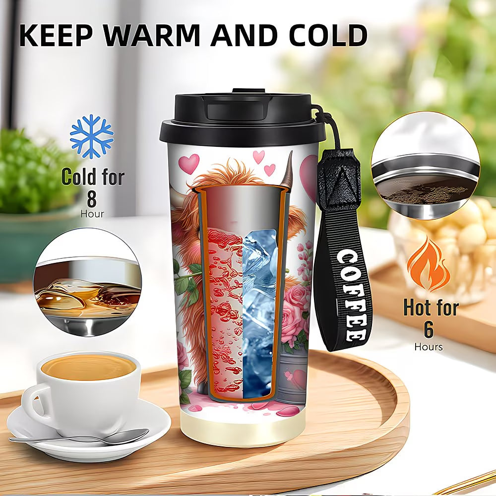 1pc 18oz 316 Stainless Steel Vacuum Coffee Mug with Cute Scottish Cow & Pink Hearts Design