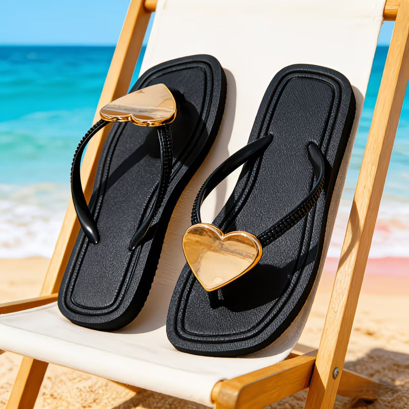2026 New Metallic Heart Square Toe Flip-Flops