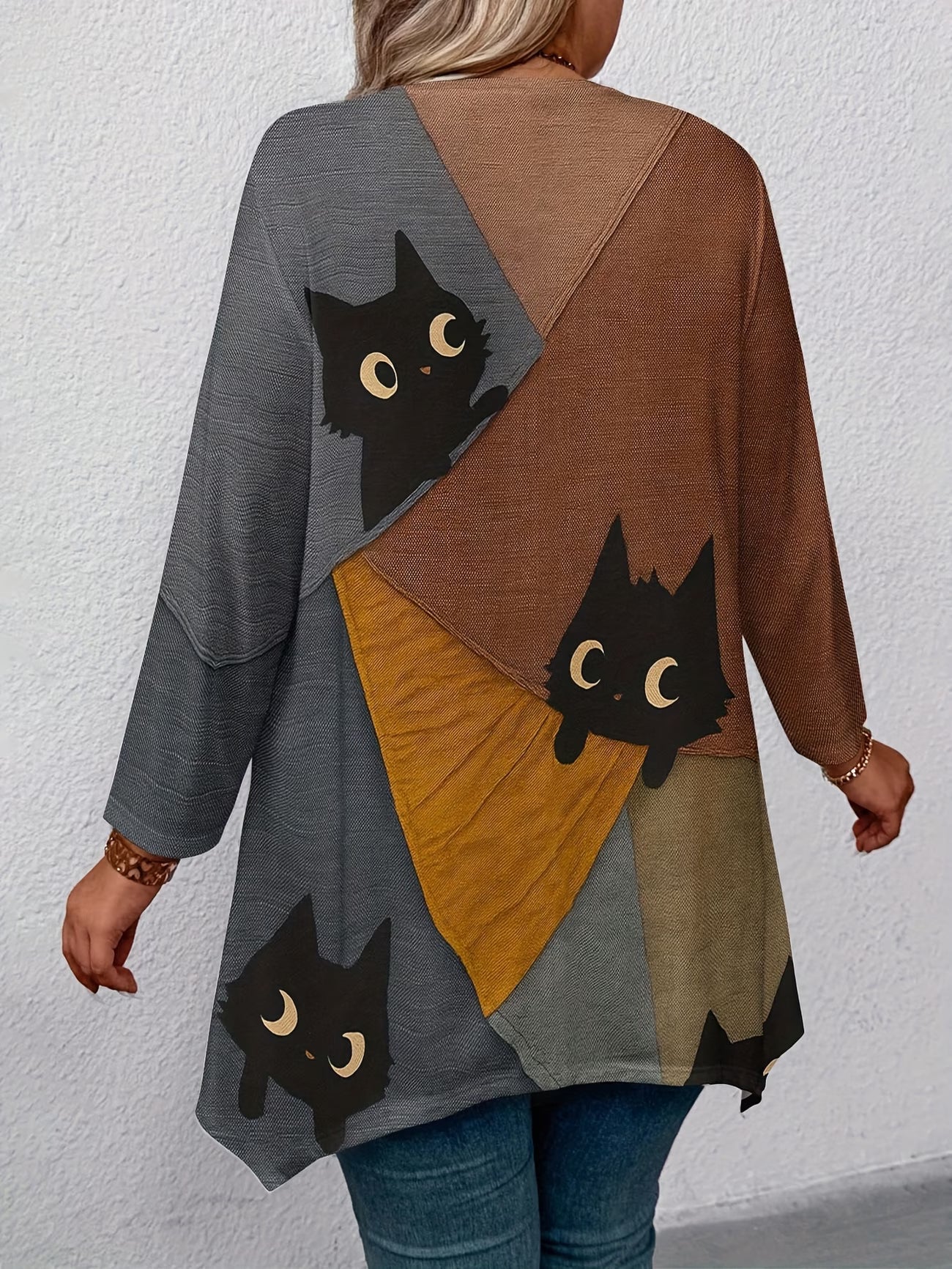 Plus-Size Women'S Elegant Loose Black Cat Print T-Shirt