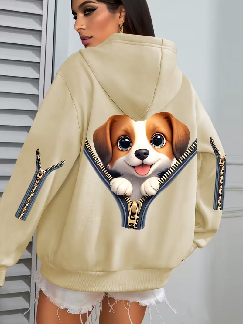 Plus Size Women's Cute Puppy Print Hoodie