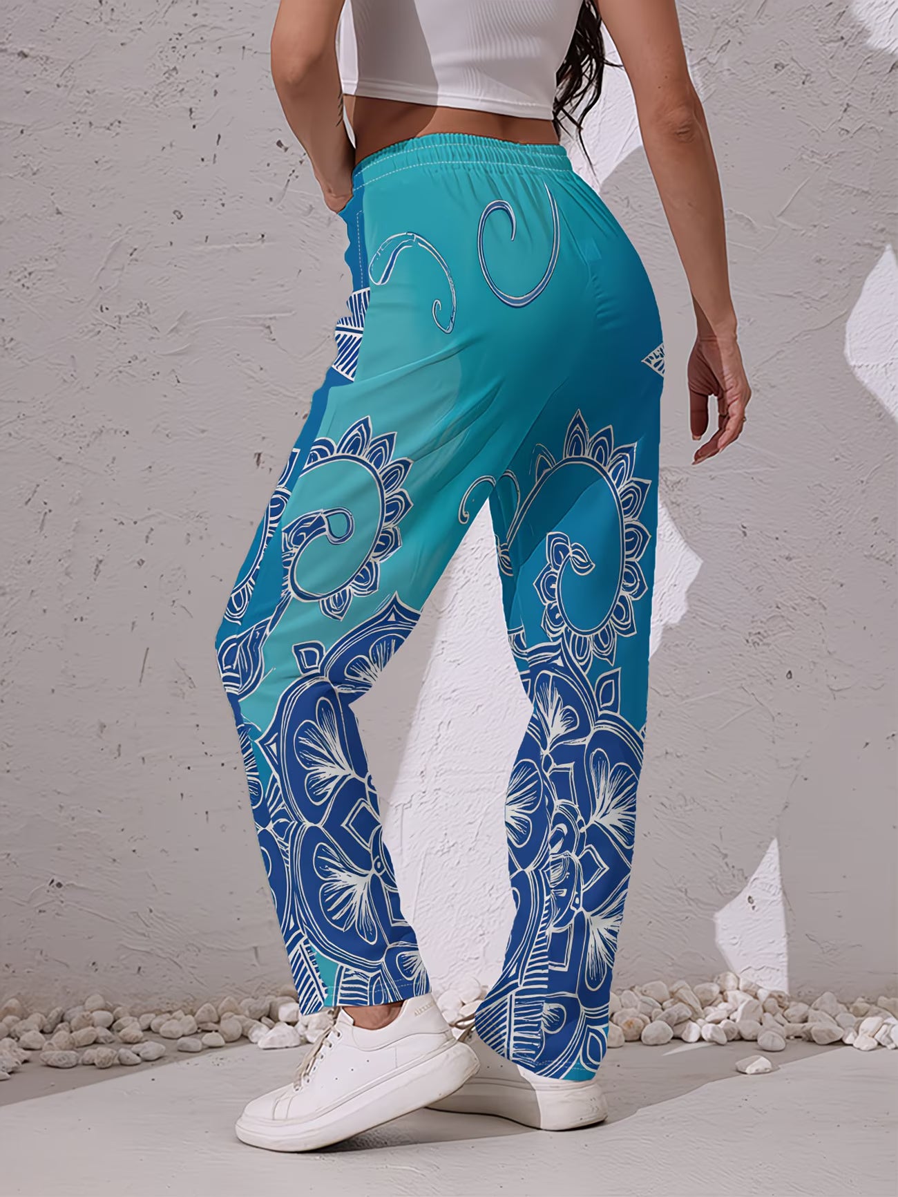 Women's Mandala Floral Print Trousers | Blue Base with White Outline Detail