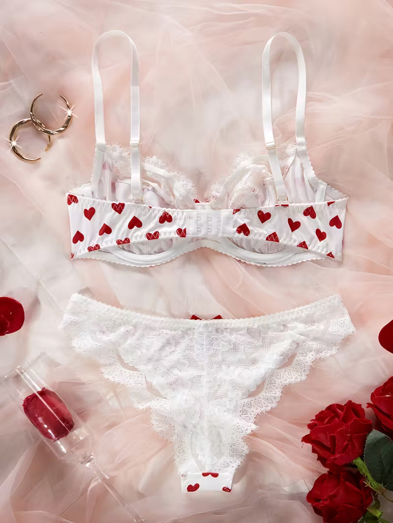 Women'S Bra Set with Heart Print and Lace Trim,