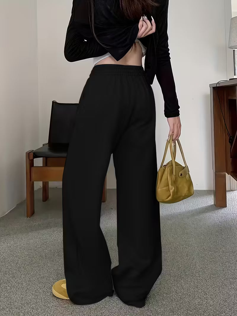 Women's Black Wide-Leg Pants with Pink Bow Print