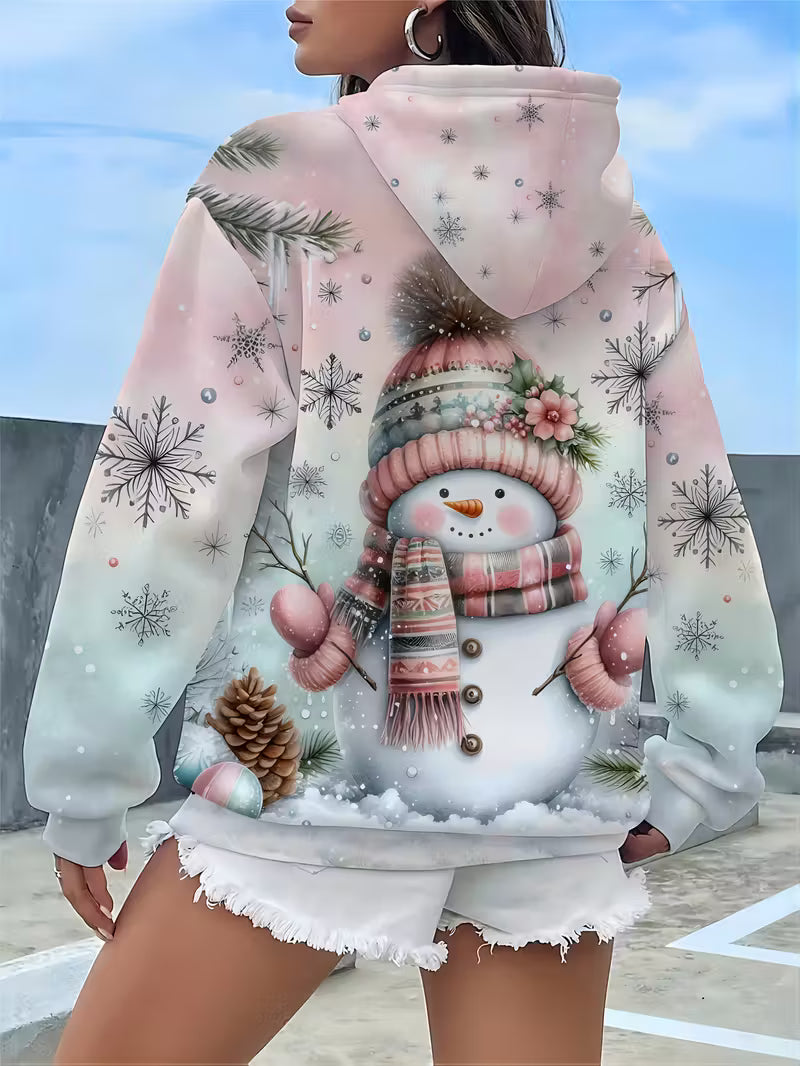 Plus Size Women'S Casual Hoodie with Snowman Print,