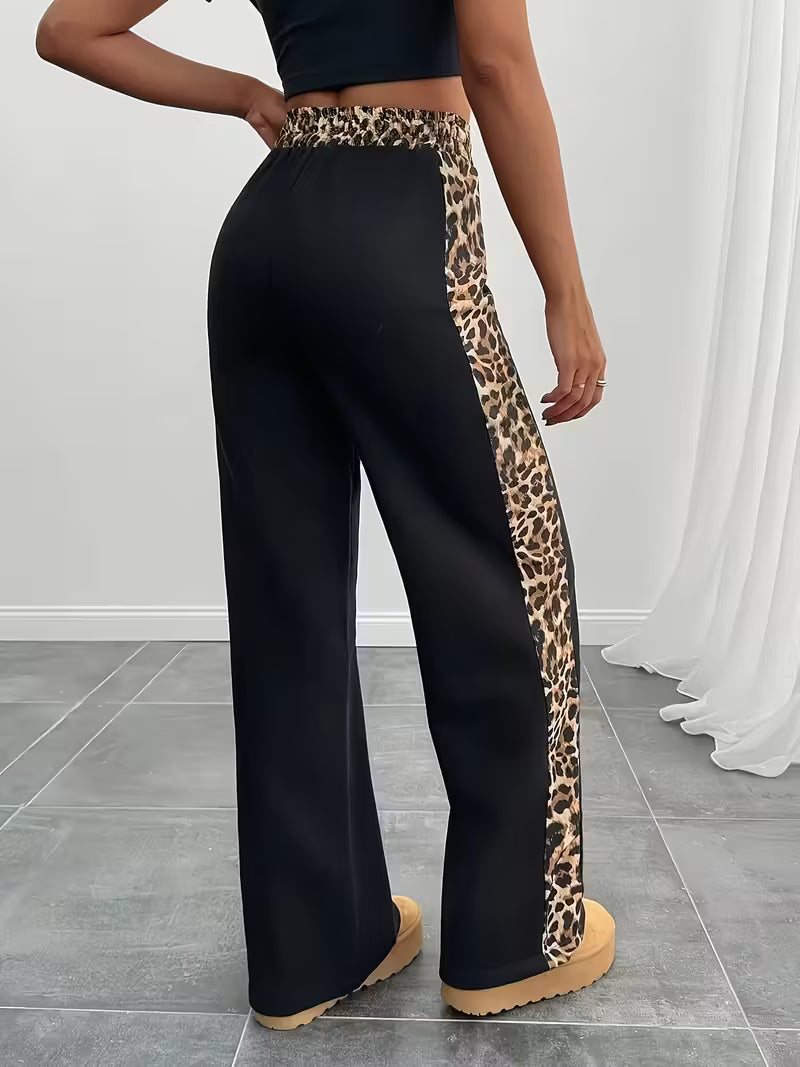 High-Waist Elastic Waist Wide-Leg Casual Pants with Leopard Print