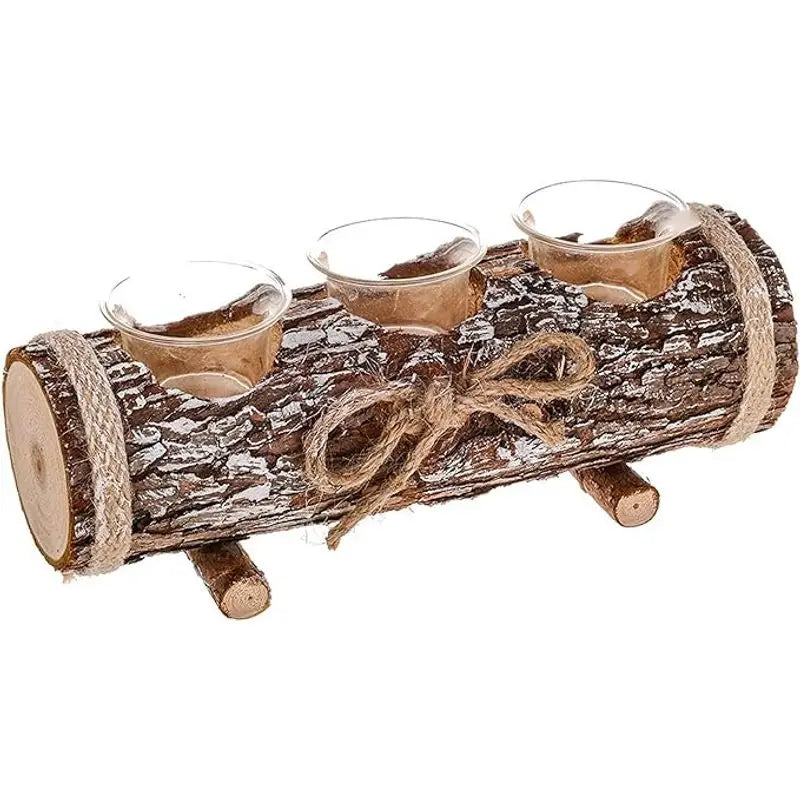 Modern Rustic Log Christmas candle Tea Light Holders with 3 Stylish Glass Candle Holder