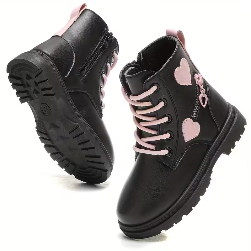 Girls' black High-Top Outdoor Boots with Heart Design,