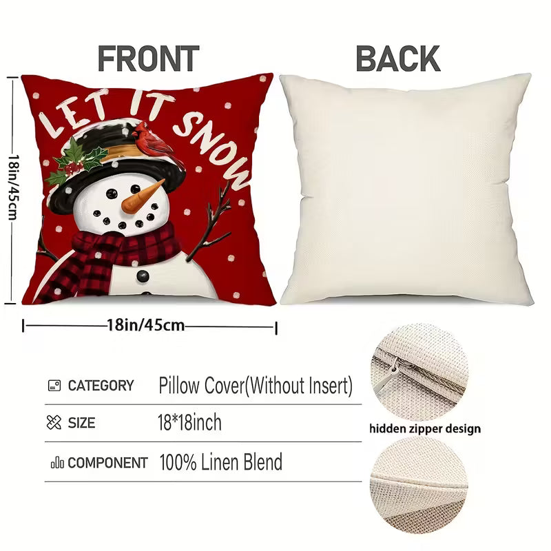 4pcs Red Christmas Throw Pillow Covers with Snowman & Reindeer Designs