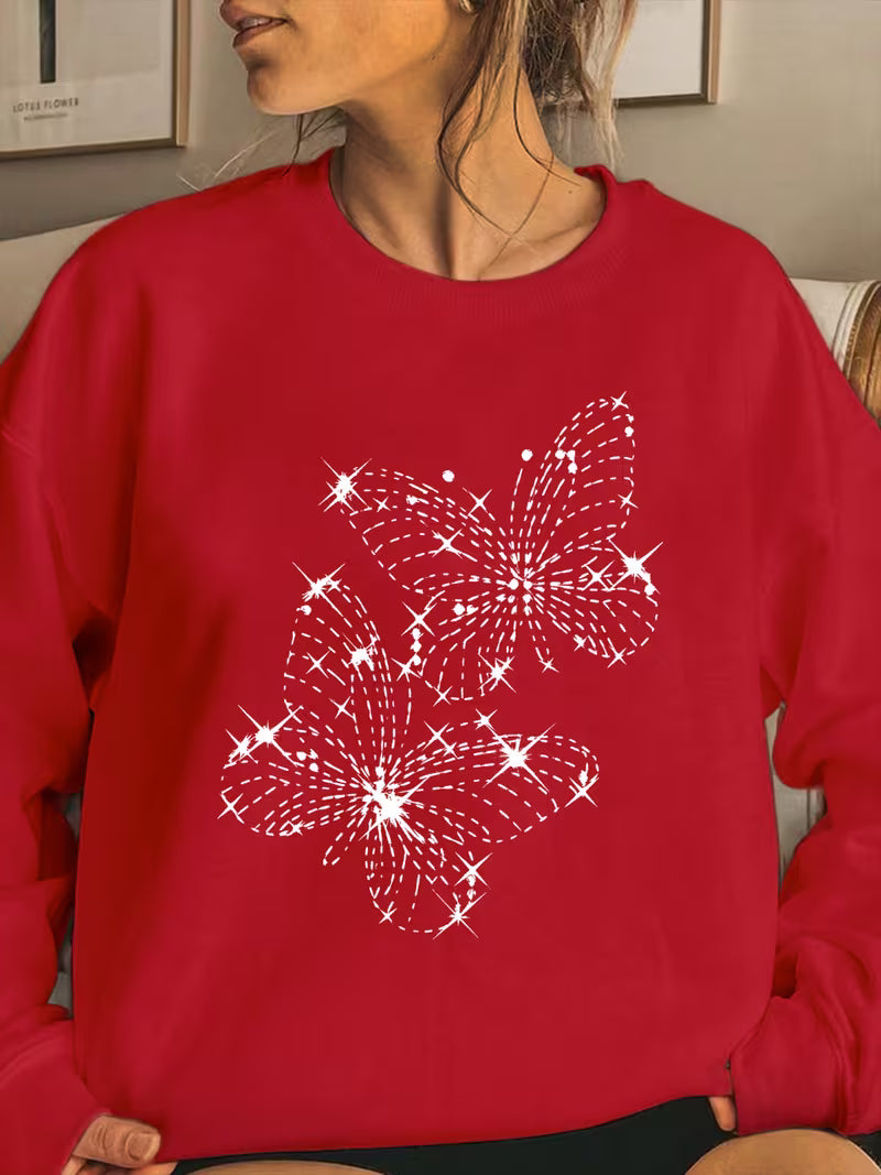 Women'S Cozy Sweatshirt with Sparkling Butterfly Print