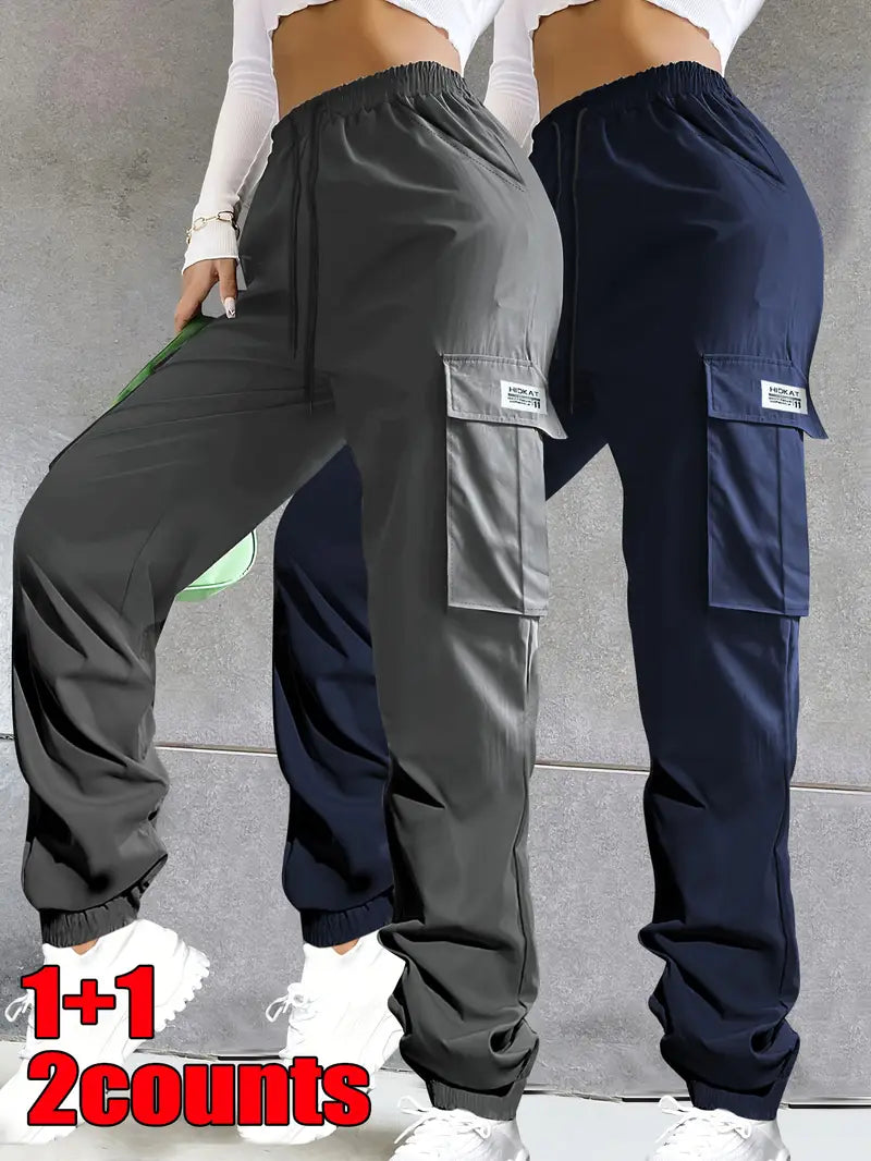 2pcs Women's Solid Color Casual Cargo Pants with Elastic Waistband,