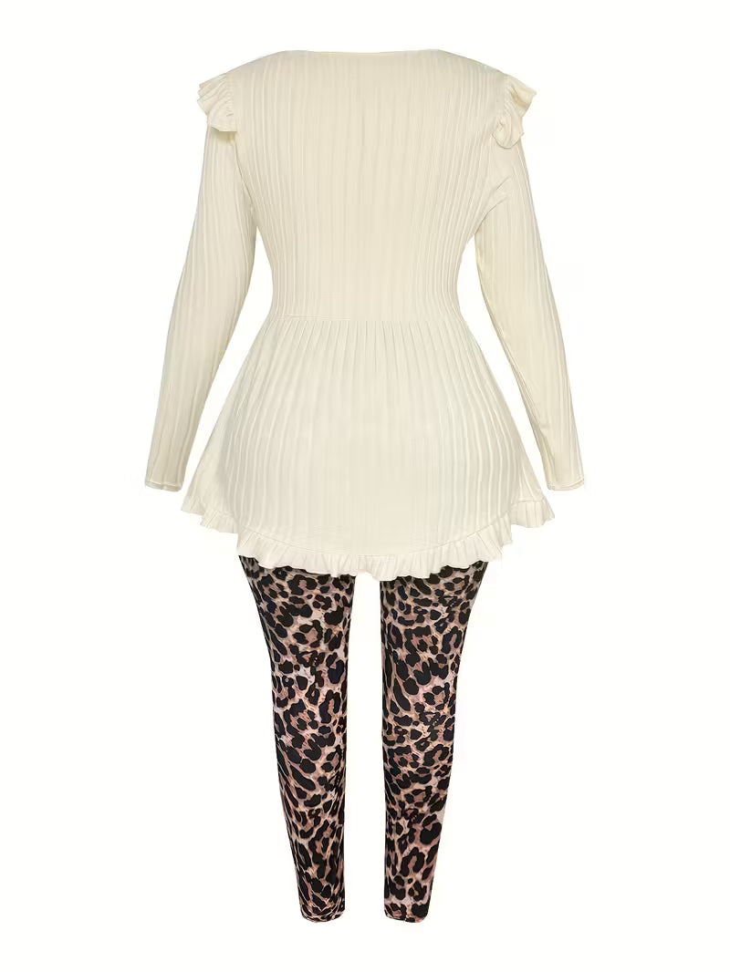 Plus Size Women'S Leopard Print Bow Detail Casual Outfit