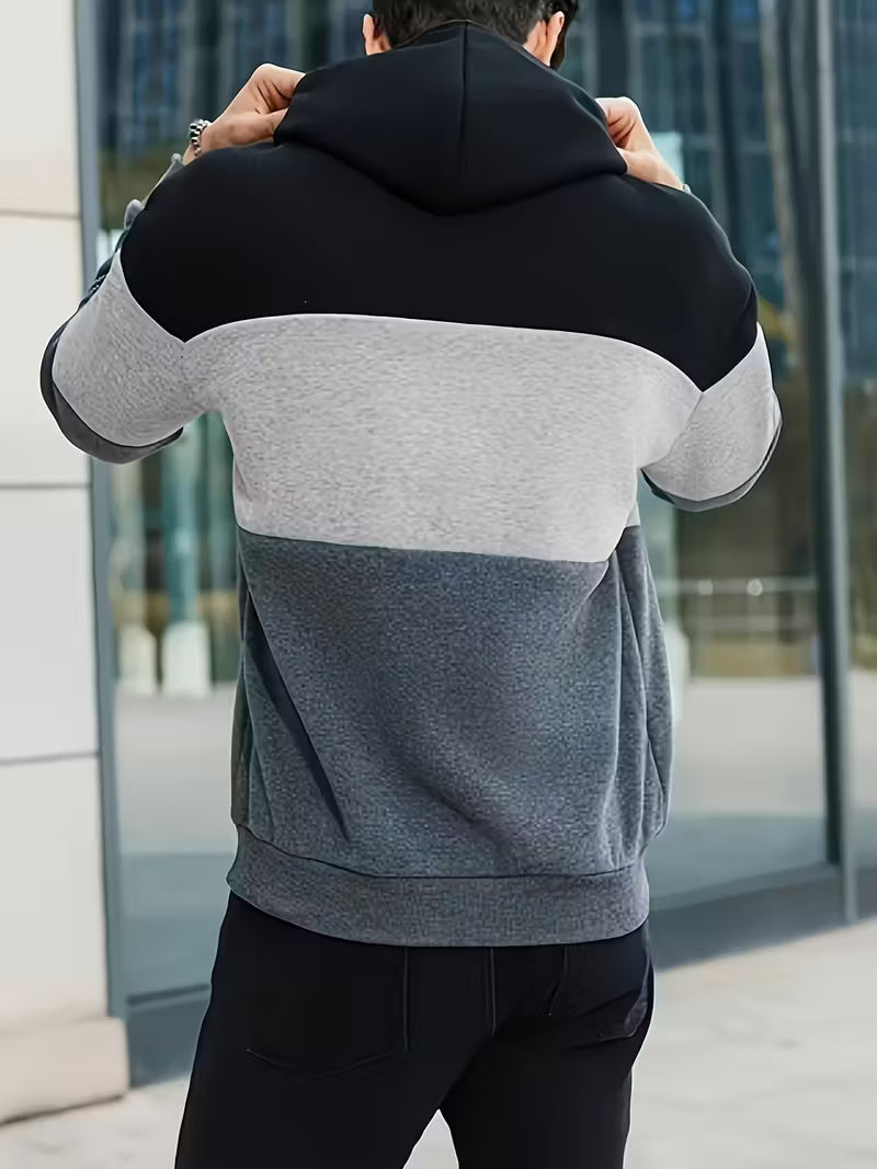 Men's Fleece-Lined Color Block Hoodie with Kangaroo Pocket