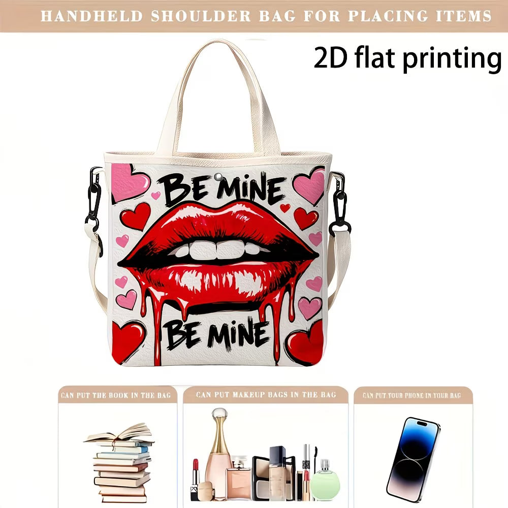 Women's Shoulder Bag with Bleeding Heart and Red Lips Print,