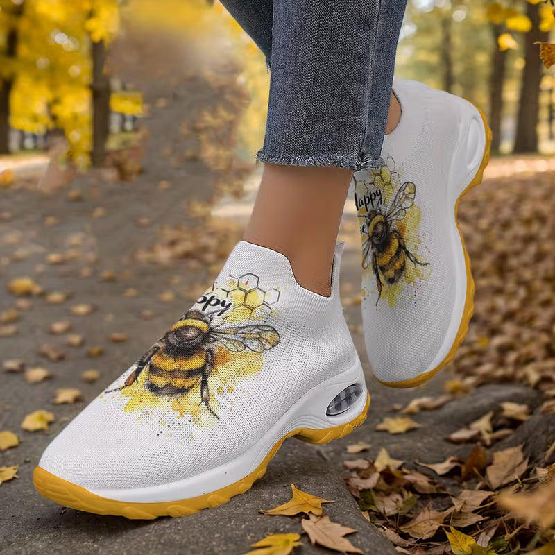 Women's Breathable Knit Sneakers with Bee Print