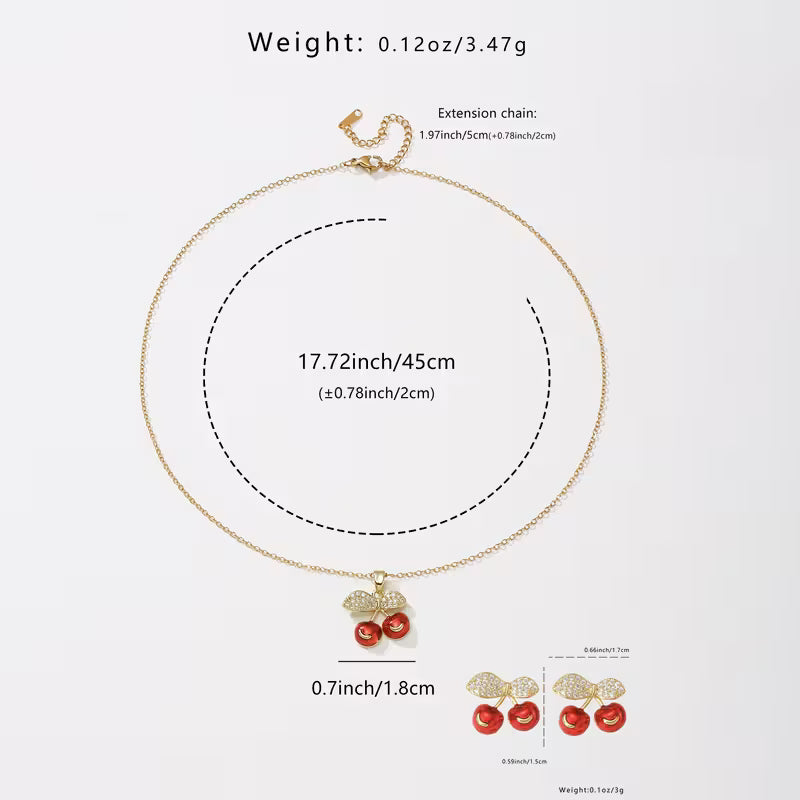 Two-Piece Set Women's Fashion Necklace and Earrings with Cherry Design,