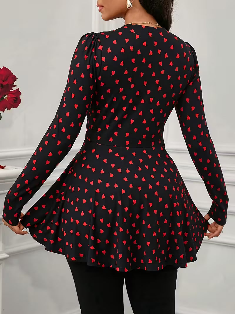 Women's Elegant Blouse - Black & Red Heart Pattern top,